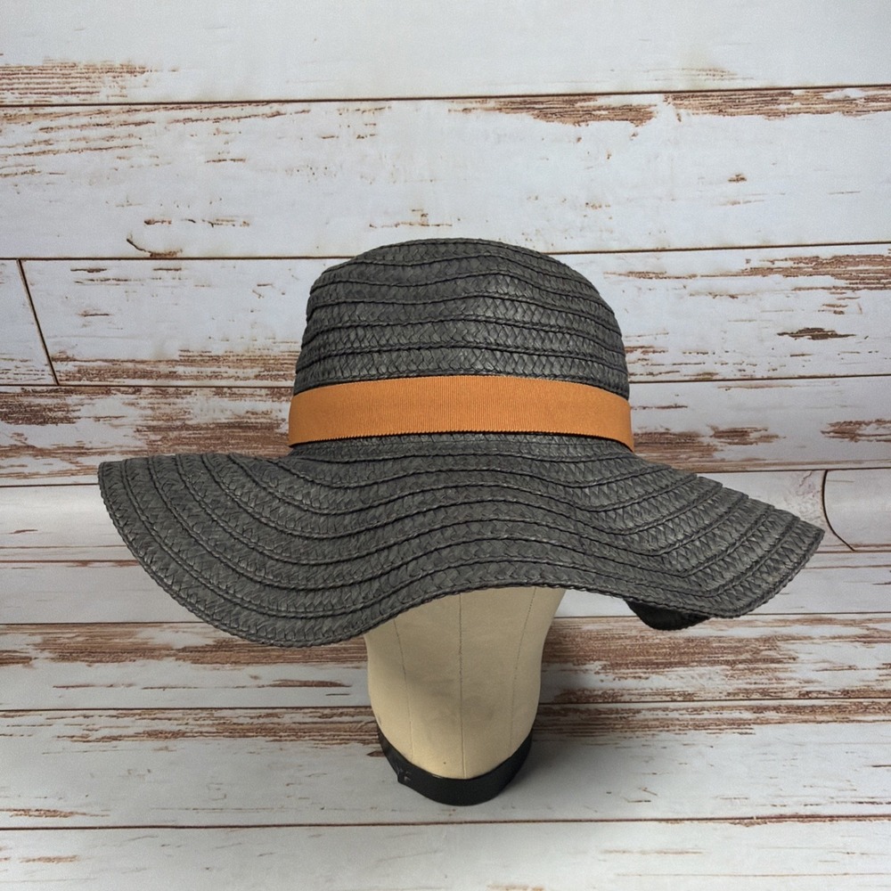 Madewell Black Straw Floppy Sun Hat S/M Brown Leather Band Wide Brim Beach Boho